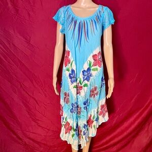 Colven Gauze Hand Painted Boho Dress Blue Tie Dye Uneven Hem Oversized S/M/L